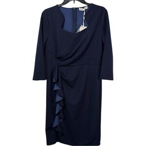 Grace Karin Dress Navy Midi Vintage‎ Ruched Ruffled Square Neckline Size L NWT